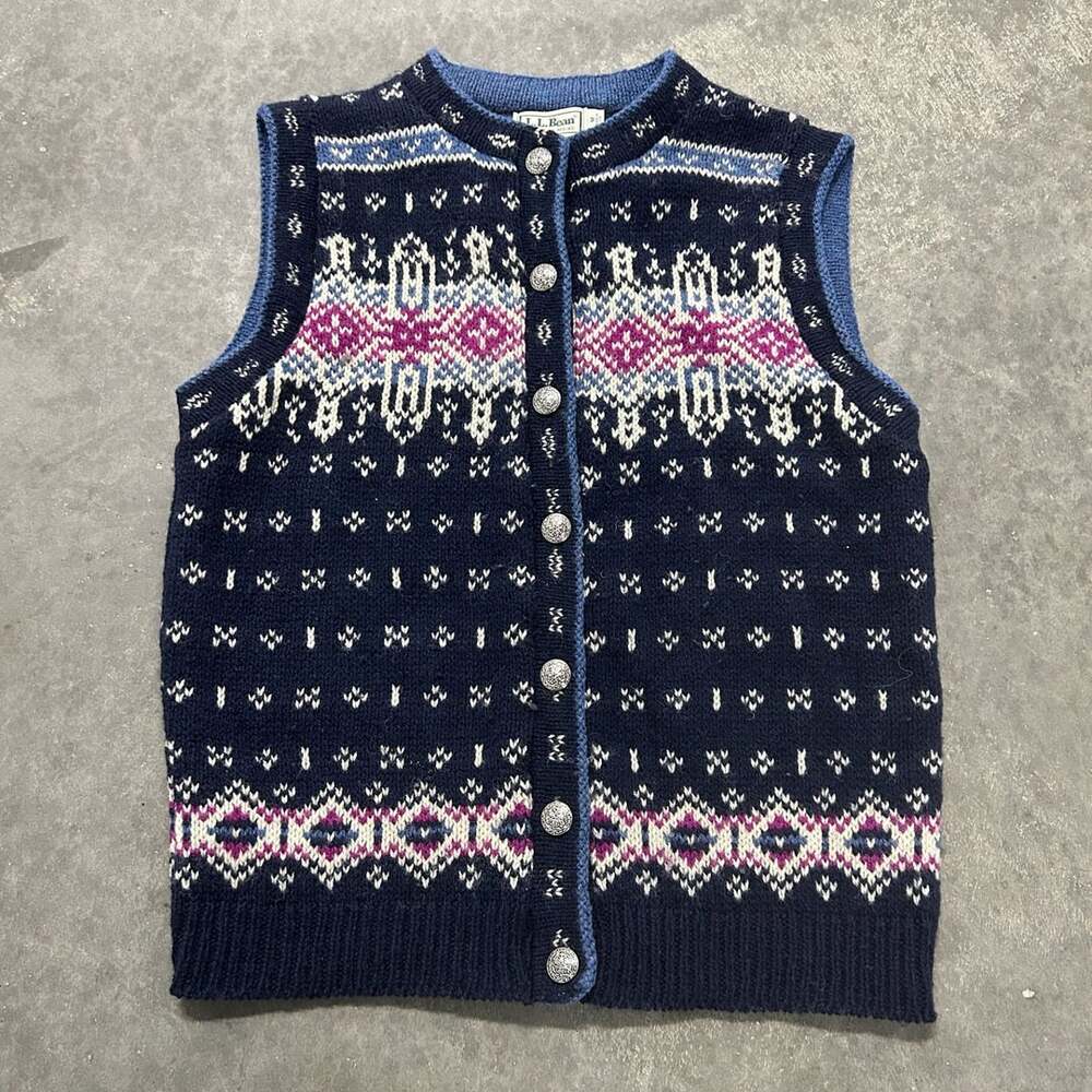 Vintage 80s L.L.Bean Fair Isle Wool Sweater Vest M USA Nordic Metal Buttons